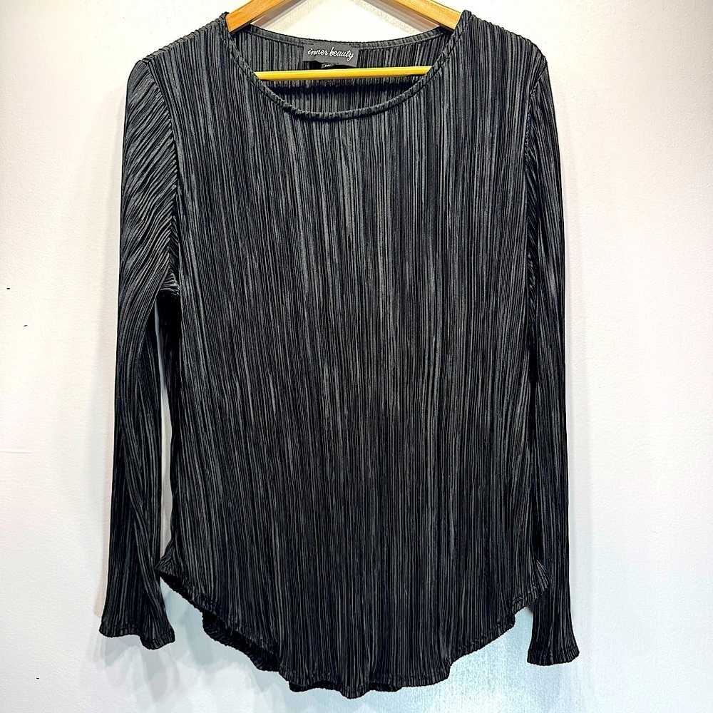 Shiny Black Micro Pleated Textured Long Sleeve Blouse Whimsigoth Inner Beauty 1X